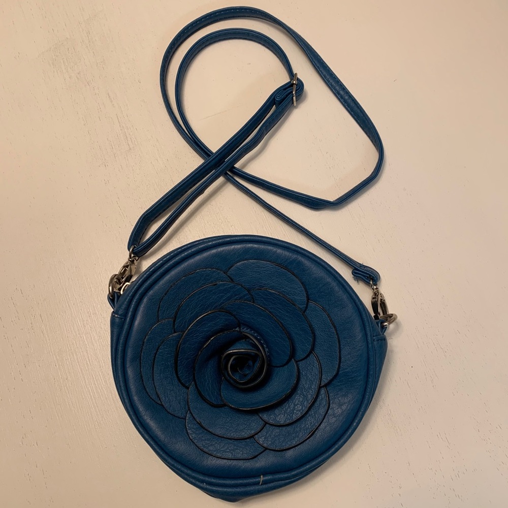 Leather flower crossbody purse in bright blue